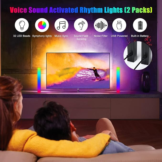 Battery Powered Rhythm Light Bar, RGB Sound Control Pickup Rhythm Lights, APP Control 32 Bit Music Level LED Lights, USB Rechargeable Voice Activated Atmosphere Light for Game Car TV DJ Studio - 2Pcs - Image 4