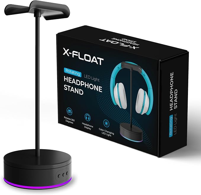 Rotating Headphone Display Stand for Desk with LED Lights - Spinning Gaming Headset Stand (Black) - Image 2