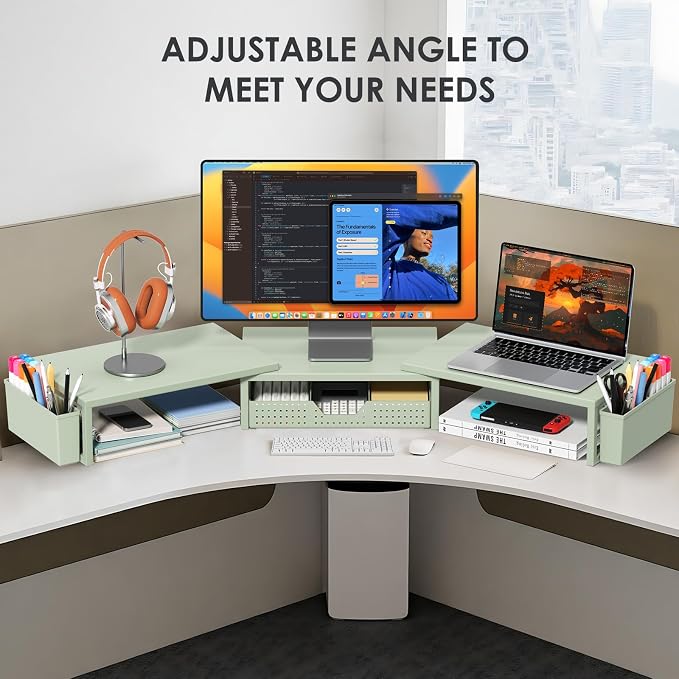 OPNICE Desk Organizers and Accessories, Dual Monitor Stand Riser with Drawer and 2 Pen Holders, Desk Shelf Computer Racks for Office Workspace Organizers, Desktop Organization (Sage Green) - Image 5