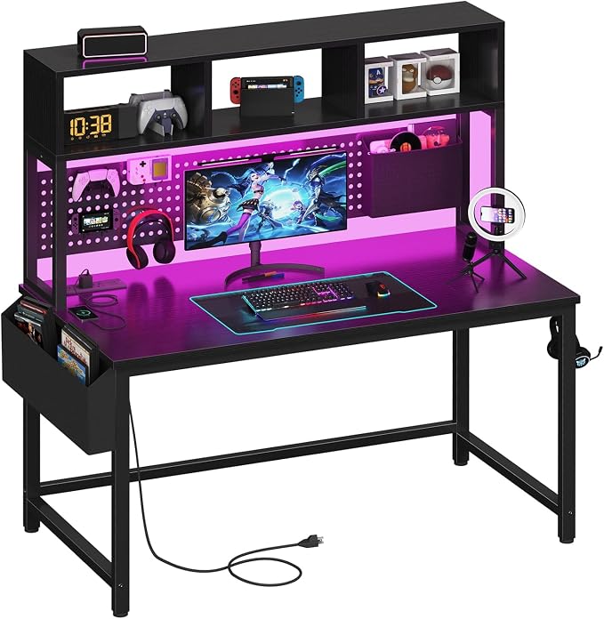 DLisiting Black Gaming Desk with Hutch and Pegboard - 47 Inch Gaming Desk with Shelves Storage Power Outlets, Computer Teen Work Study Writing Desks for Bedroom Home Office by Unknown