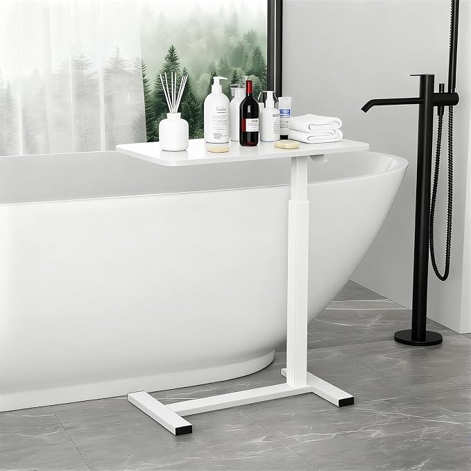 Large Pneumatic Hospital Bed Table,Hidden Wheels Adjustable Height C-Shaped End Table,Overbed Bedside Table with Wheels, Side Table for Sofa & Bedside(15.8''Wx31.5'D'x37.1''H,White) - Image 6