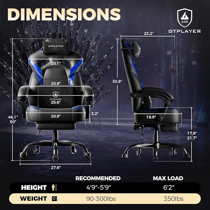 GTPLAYER Big and Tall Gaming Chair for Adults, Ergonomic Office Chair with Footrest, Heavy Duty 350 lbs Capacity, High Back, Premium Leather & Iridescent Trim, ACE-Armor, Black & Blue - Image 2