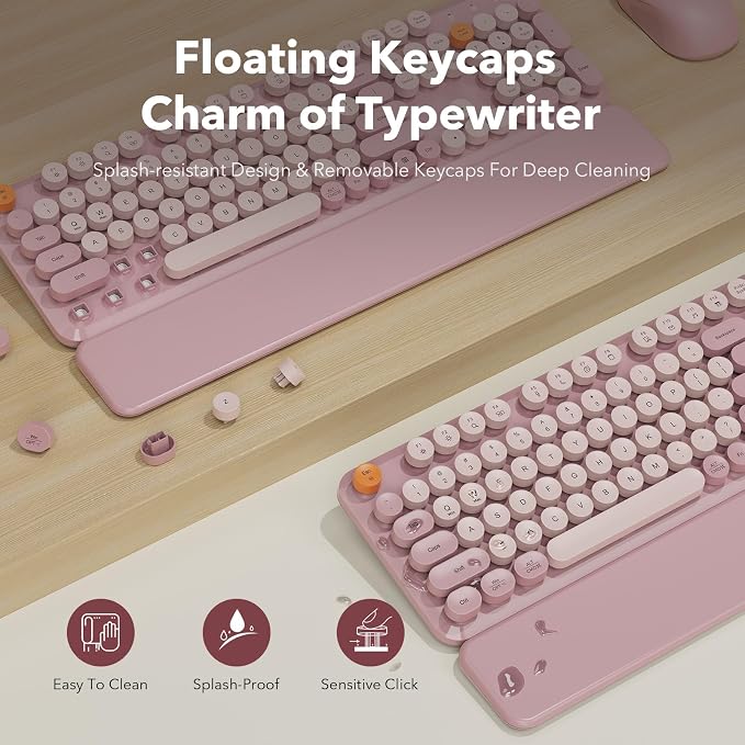 Wireless Keyboard and Mouse Combo, Full-Size Typewriter-Style Keyboard with Round Keycaps, Magnetic Wrist Rest, Tilt Legs, 2.4GHz Cordless for Mac, Windows PC, Laptop, SABLUTE CK23, Dusty Rose - Image 4