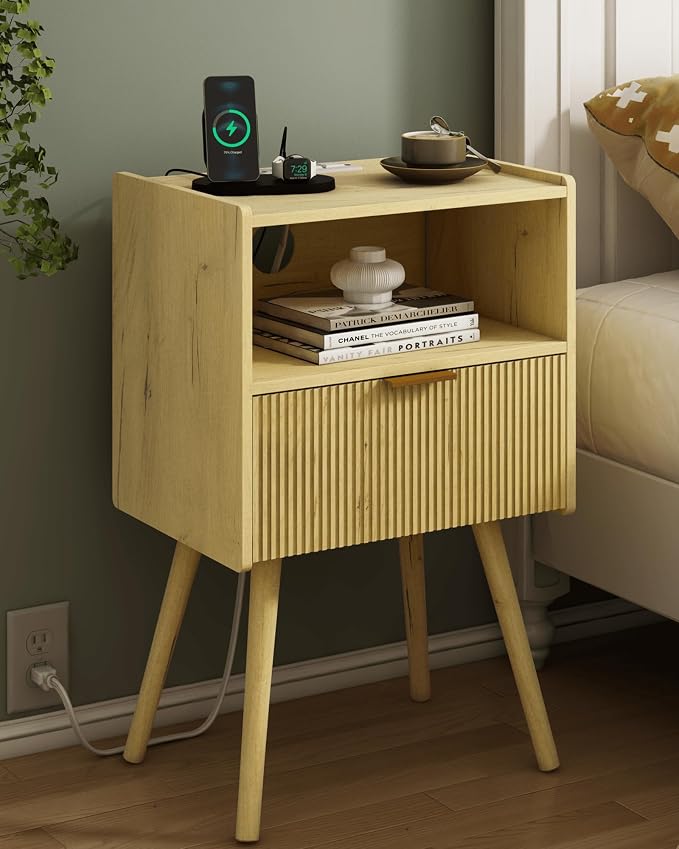 JOONEE Nightstand with Outlet,Modern Bedside Table with Storage Drawer and Open Wood Shelf, for Living Room, Bedroom and Small Spaces, Accent Night Stand with Solid Wood Legs, Easy Assembly,Yellow Oak by JOONEE