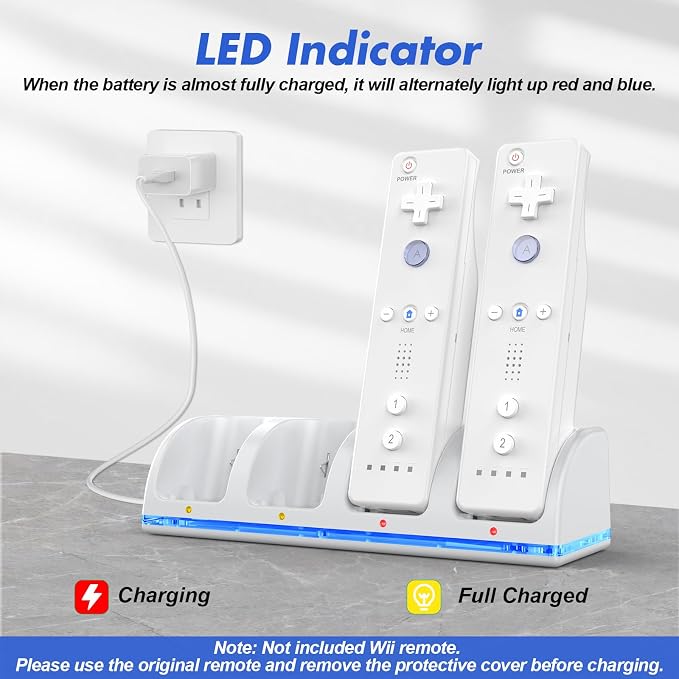 KEKUCULL Remote Controller Charger Station for Wii/Wii U with 4 Pack 2800mAh Rechargeable Battery Pack, Charging Dock Station for Wii Controller, Remotes are not Included - Image 2