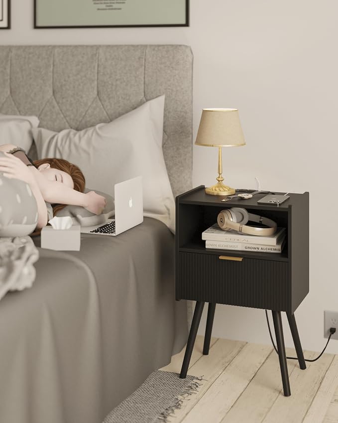 JOONEE Black Nightstand with Outlet,Modern Bedside Table with Storage Drawer and Open Wood Shelf, for Living Room, Bedroom and Small Spaces, Accent Night Stand with Solid Wood Legs, Easy Assembly - Image 3