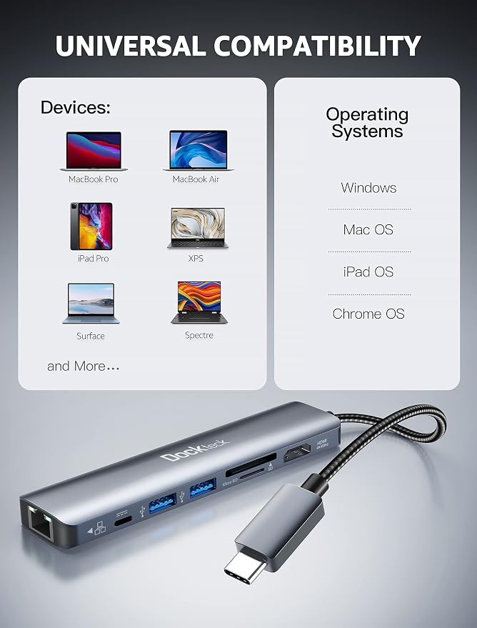 7-in-1 USB C Hub dockteck | 4K 60Hz HDMI, 1Gbps Ethernet, 100W Power Delivery, SD/TF Card Slots, USB 3.0 Data Ports USB C Dock for MacBook, iPad Pro, XPS - Image 7