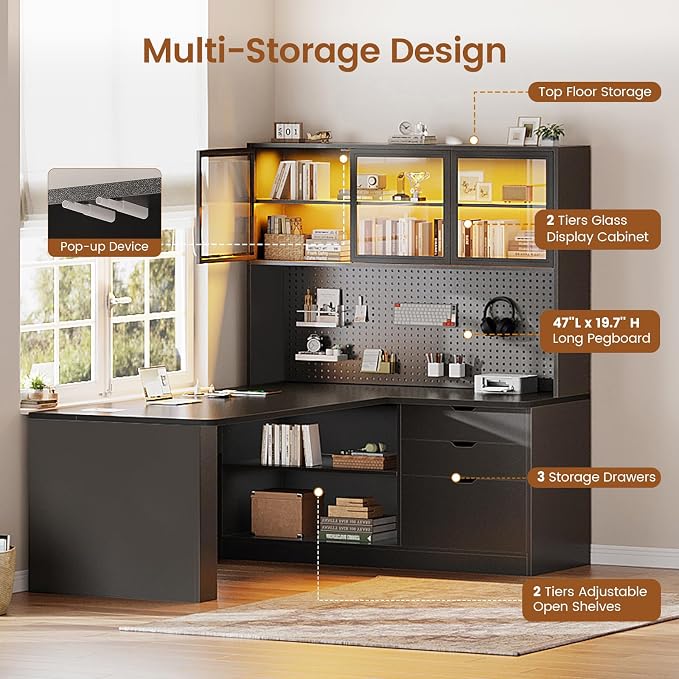 SEDETA L Shaped Corner Gaming Desk with 3 Wood Drawer and Large Bookshelf | L Shaped Computer Desk with LED Light, Display Cabinet and Pegboard for Home Office, 27.5" W Large Desktop Table, Black - Image 6
