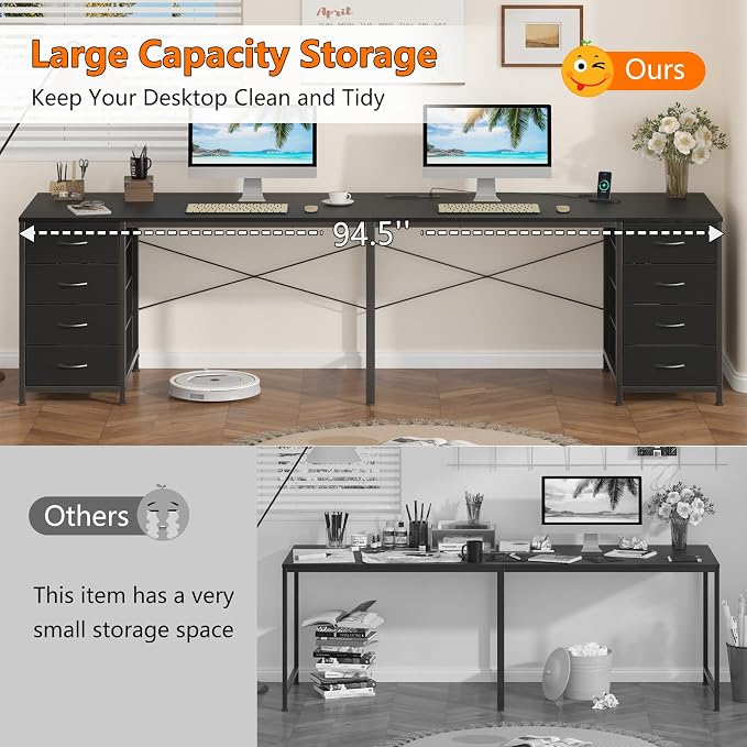 95" 2 Person Desk with 8 Fabric Drawers for Home Office, Living Room - Image 5