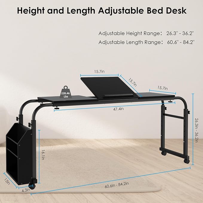 Arlopu Overbed Table with Wheels,60.6-84.2 inches Mobile Bed Desk, Black - Image 2