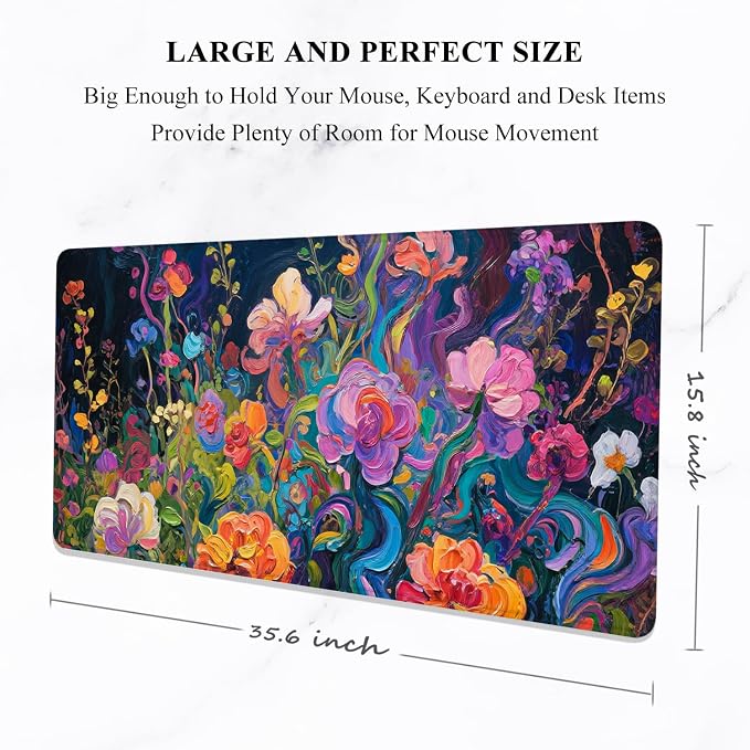Auhoahsil Desk Mat, Ultra Large Mouse Pad, XXL Gaming Mousepad, Pretty Desk Pad, Big Extended Full Size Desktop Desk Matt for Keyboard, Laptop & Computer, 35.5 x 15.7 in, Colorful Flowers - Image 2