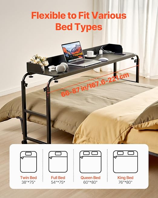 VEVOR Overbed Table, Mobile Bed Side Table with 4 Wheels (2 with Brakes) and Power Socket, Height Adjustable Rolling Laptop Desk, Portable Particleboard Over Bed Desk for Home, Office, Study, Black - Image 4