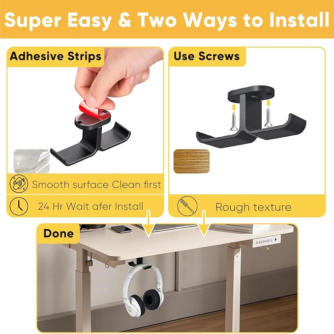 Under Desk Headphone Hanger with Strong Adhesive and Screws Mount, 360° Rotatable Dual Headset Holder Stand, Aluminum Metal Adjustable Headphone Hook, Perfect for Home Gaming & Office - Black - Image 4