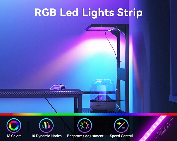 Casaottima 48'' Gaming Desk with LED Lights & CPU Stand, Reversible Computer Desk with Storage Shelves & Fabric Drawer, Modern PC Gamer Table with Headphone Hook, Carbon Fiber Black - Image 5