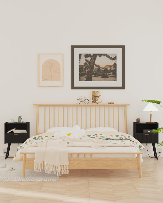 Veegle Nightstand,Modern Bedside Table with Storage Drawer and Open Wood Shelf, Accent Night Stand with Solid Wood Legs for Living Room, Bedroom and Small Spaces,Easy Assembly (Black-Outlet) - Image 6