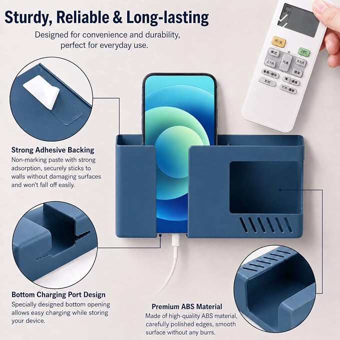 Strong Adhesive Wall Mount Phone Holder D3 Punch-Free Bedside Phone Shelf with Charging Port, Sticky Remote Control Storage Box, Bathroom & Kitchen Wall Organizer (Blue) - Image 3