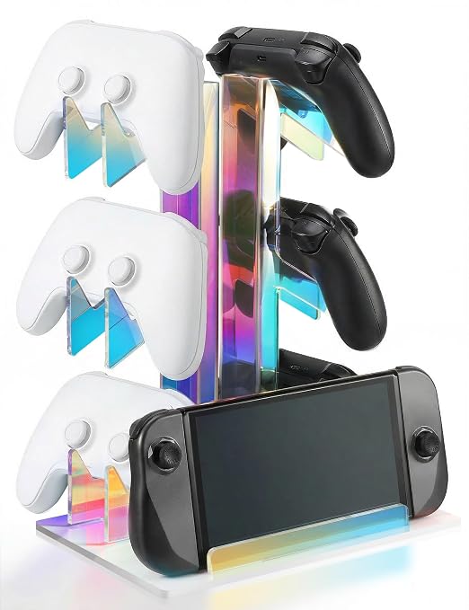 NiHome Iridescent Acrylic 3-Tier Game Controller Holder Headset Stand for PS5 Xbox ONE, Universal Game Controller Organizer Stand Anti-Slip Stable Gaming Accessories Stand (White Base) by NiHome