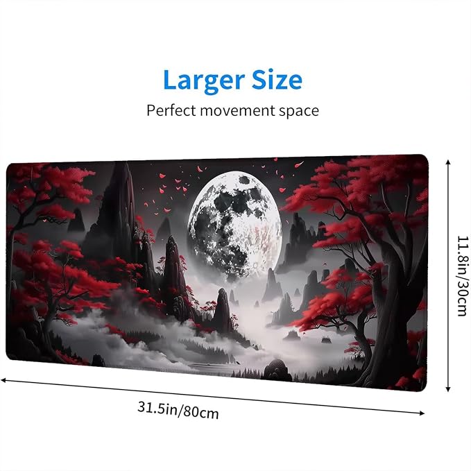 Red Moon - Extended Gaming Mouse Pad Mat with Stitched Edge Non-Slip Base - 31.5"x11.8" for Office, Home and Laptop - Image 2