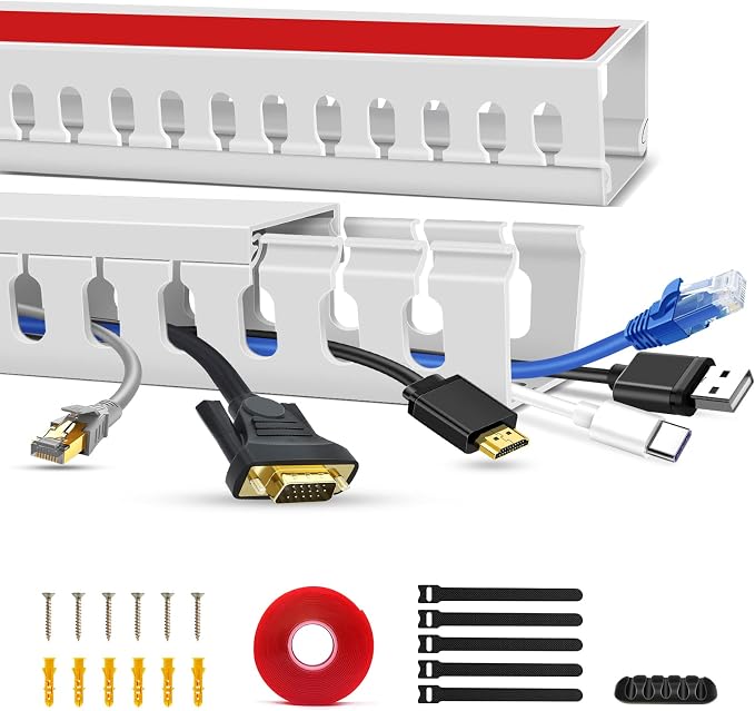 Cable Duct Management Raceway Kit, 31.4" (2 x 15.7) Server Rack Management, Hide Network HDMI VGA Cables, Open Slot Track Desk Wire Channel, White 2 Pack by Aocii