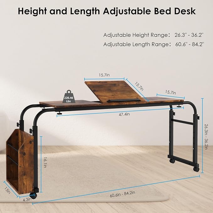 Arlopu Overbed Table with Wheels,60.6-84.2 inches Mobile Bed Desk, Brown - Image 2