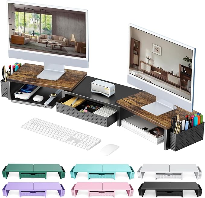 gianotter Dual Monitor Stand Riser With Drawer and 2 Pen Holders | Wood Computer Monitor Stand Desk Organizer and Accessories Desk Shelf for Top of Desk (Wood) by gianotter