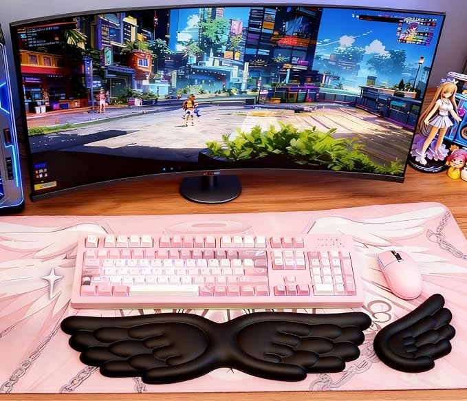 inbesk Angel Wing Wrist Rest Ergonomic Memory Foam Wrist Rest for Computer Keyboard Mouse Set, Cute Gaming Keyboard Cushion Hand Support PU Leather Surface Anti-Slip Waterproof Dirt Resistant (Black) - Image 6