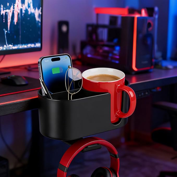 4 in 1 Desk Cup Holder, Clamp On Drink Holder with Headphone Hanger - Image 8