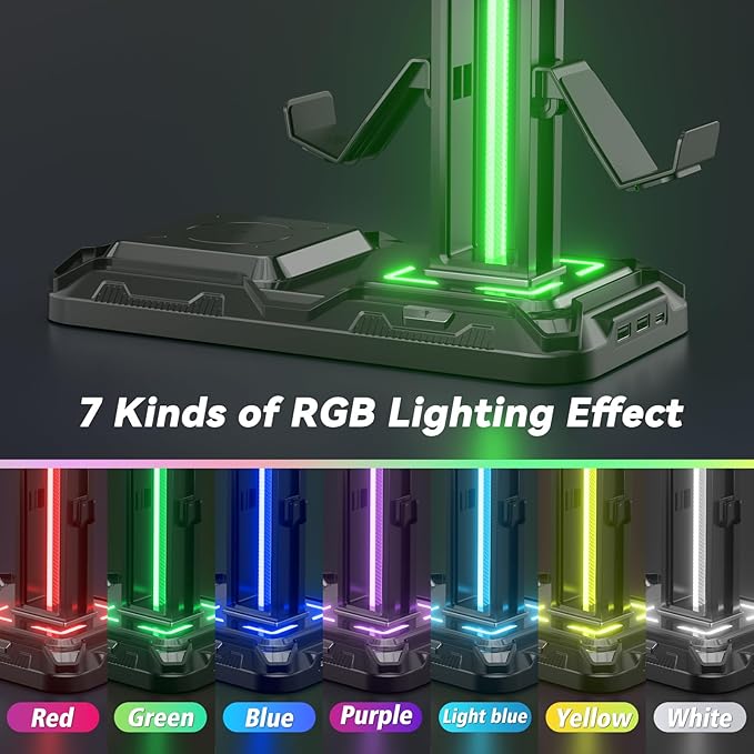 KDD Headphone & Controller Stand with Wireless Charging - Rotatable Headset Stand with 9 Light Modes - Controller Holder with 2 USB and Type C Ports - for Gamers Desktop Accessories - Image 4