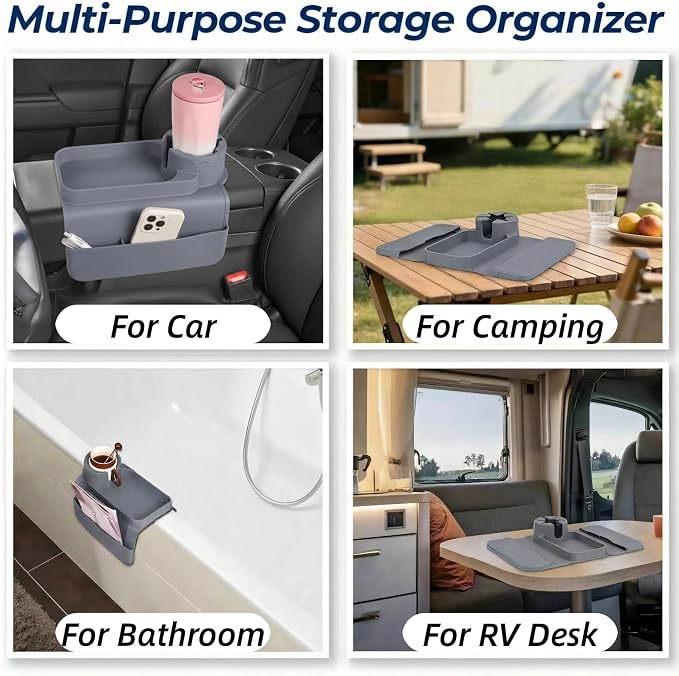 Silicone Couch Caddy Cup Holder Tray, 3-Side Sofa Armrest Organizer with Secure Gear-Shaped Locking Holder & Large Tablet Slot, Non-Slip Weighted Armchair Caddy, Couch Accessories (Grey) - Image 5