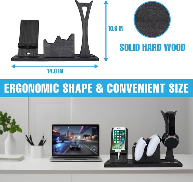 Unique Gift for Gamers, Game Room Decor. Unique Gaming Organizer with Headset Holder, Rotatable Phone Stand & Controller Stand. Wooden Gaming Gadget for Gaming Desktop, Streamer, Teenage Boy - Image 6