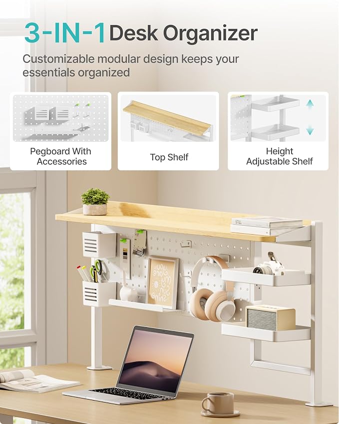 PEGZONE Clamp on Desk Shelf, 44" Desktop Shelving System, White | with Pegboard and Accessories, Desktop Organizer with 2-Tier Shelf, Desk Pegboard for Gaming Office - Image 4