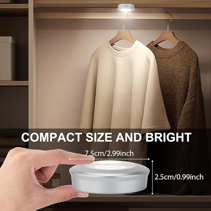 BIGMONAT LED Puck Light, Stick on Lights, Closet Lights Battery Operated, Tap Lights, 60 Lumens Touch Light, Under Cabinet Lighting, Ideal for Kitchen Cabinets, Closets, 3-Pack, Silver - Image 3