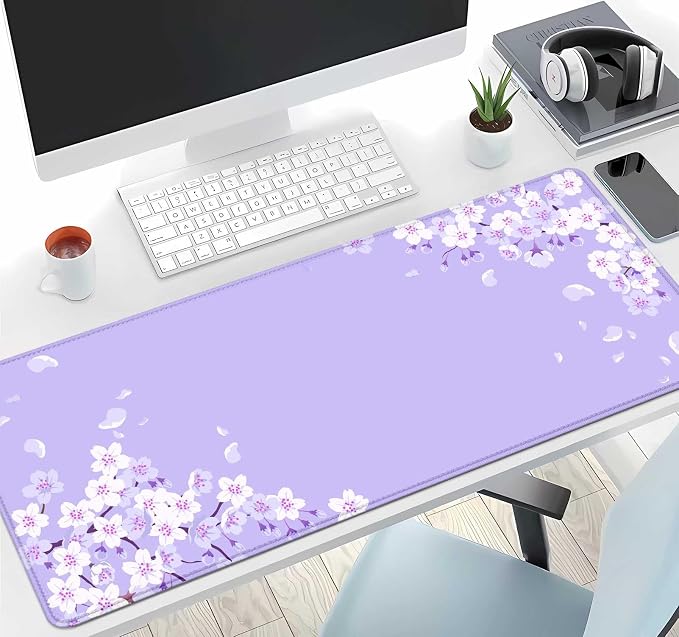 IMAYONDIA Sakura Japanese Desk Mat, Cherry Blossom Large Gaming Mouse Pad, Elegant Floral Mousepad for Women, Purple Flowers Aesthetic Desk Pad for Work Decor, Game, Office, 31.5x11.8 - Image 6