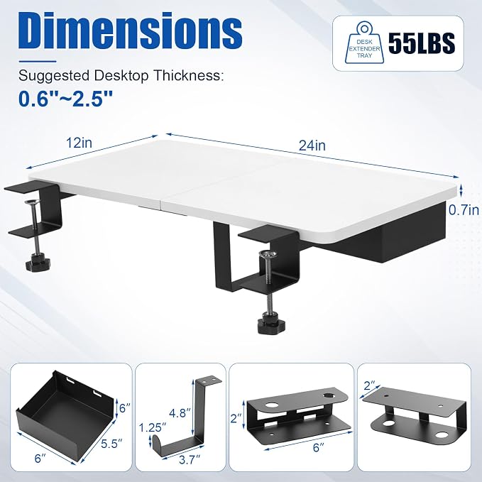 Novabright 24" x 12" Desk Extender Tray with Side Storage Rack Heavy Duty Desk Extender Under Desks Laptop Mount Keyboard Extenders for Desks with a Concealed Storage Area for Cable & Earphone (White) - Image 2
