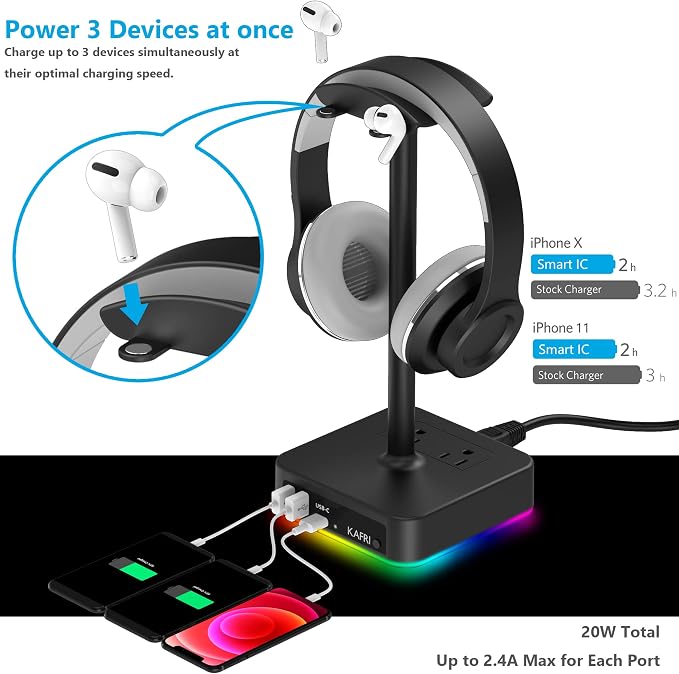 KAFRI RGB Headphone Stand with USB A&C Charger Desk Gaming Headset Holder Hanger Rack with 3 USB Charging Port and 2 Outlet - Suitable for Gamer Desktop Table Game Earphone Accessories Boyfriend Gifts - Image 3