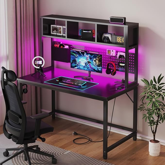 DLisiting Black Gaming Desk with Hutch and Pegboard - 47 Inch Gaming Desk with Shelves Storage Power Outlets, Computer Teen Work Study Writing Desks for Bedroom Home Office - Image 2