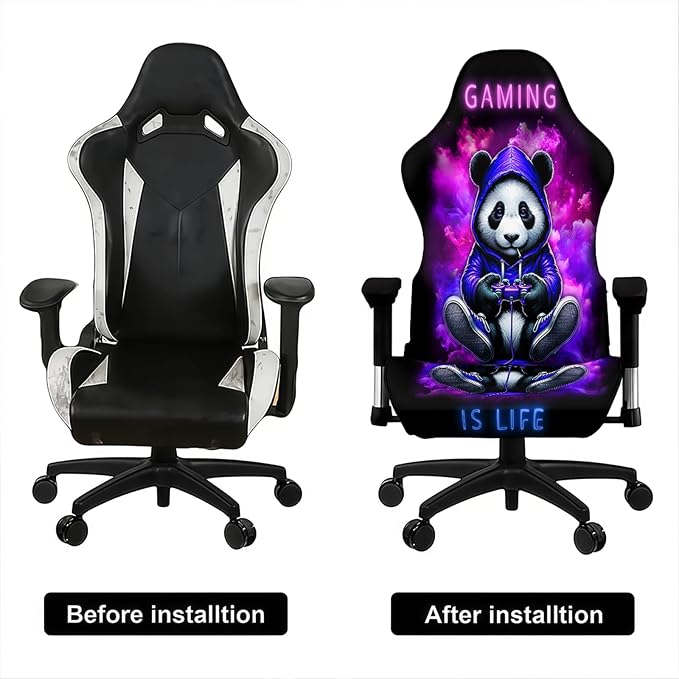 Blacklight Gaming Chair Cover – UV Reactive Neon Glow Panda Design, Stretch Washable Slipcover for Esports Chairs, Gamer Room Decor - Image 4