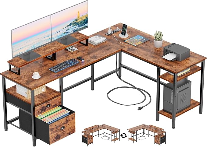 Furologee 66” L Shaped Desk with Power Outlet, Reversible Home Office Desk with File Drawer, 2 Monitor Stands, Storage Shelves, Corner Computer Table for Gaming, Writing, Rustic Brown by Furologee
