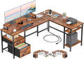 Furologee 66” L Shaped Desk with Power Outlet, Reversible Home Office Desk with File Drawer, 2 Monitor Stands, Storage Shelves, Corner Computer Table for Gaming, Writing, Rustic Brown by Furologee
