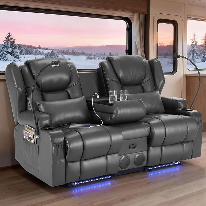 Redlife Power Loveseat Recliner Sofa with Console, Blue LED Lights - Image 2