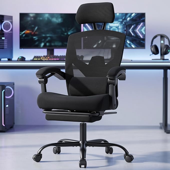 DUMOS Home Office Desk Chair, Gaming Chair with Footrest | High-Back Mesh, 360° Rolling Swivel Wheels, Comfortable Headrest, Lumbar Support, Student, Inky by DumosLifestyle