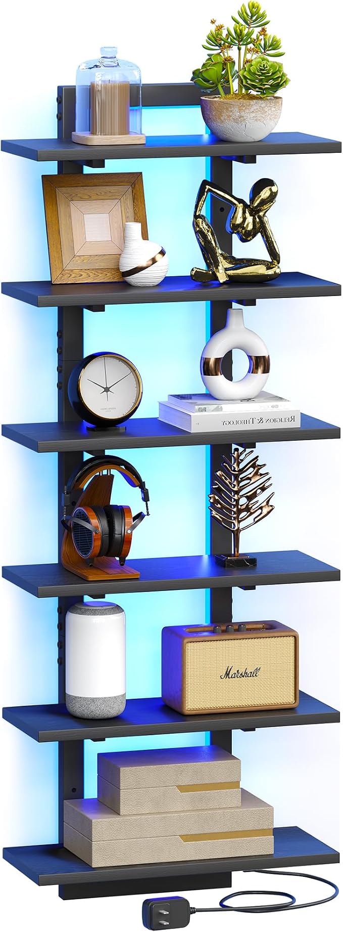 LED Wall Mounted Display Shelf with RGB Lights, 6-Tier Vertical Wall Shelf for Gaming Room, Bedroom and Living Room, Floating Shelves for Collectibles and Decor, 15"W x 5.5"D x 43.3"H, Black by Unknown