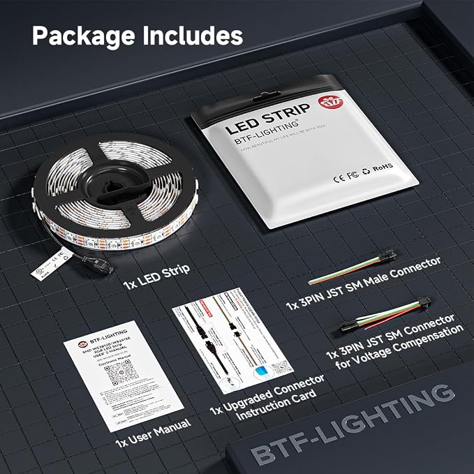 BTF-LIGHTING WS2812B ECO RGB LED Strip,UL Listed,Individually Addressable,16.4FT 30LED/m 150Pixel DC5V 5050SMD,Alloy Wire Flexible 3M Tape for DIY Chasing Color Project IP65(No Adapter or Controller) - Image 9