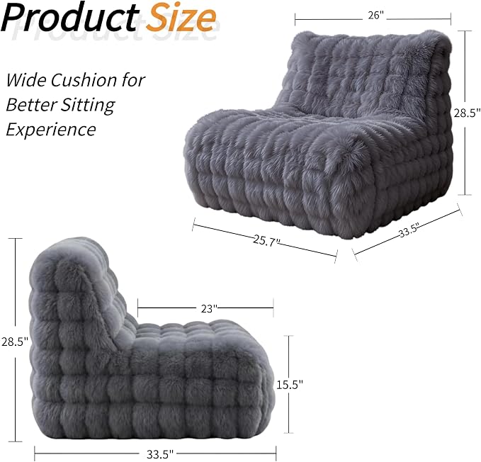 Memory Foam Faux Fur Bean Bag Chair, Light Grey | Supportive memory foam filling, plush faux fur cover, floor lounge sofa for bedroom, living room & office daily relaxation - Image 2