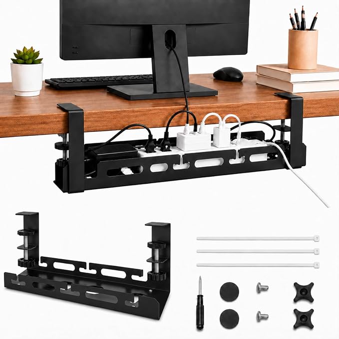 Under Desk Cable Management Tray, 15.75" No Drill Clamp-On Metal Cable Tray for Power Strip, Compact Under Desk Cord Organizer and Wire Management Holder for Office, Gaming Desk, Standing Desk by Unknown