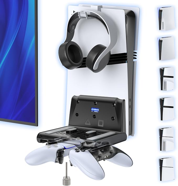 P5 Wall Mount Kit with Controller Holder Compatible with P5/Slim/Pro Disc & Digital, Pa5 Mount Floating for Gaming Accessories, Compact Pa5 Vertical Wall Shelf Organizer Bracket with Headphone Hook by Unknown
