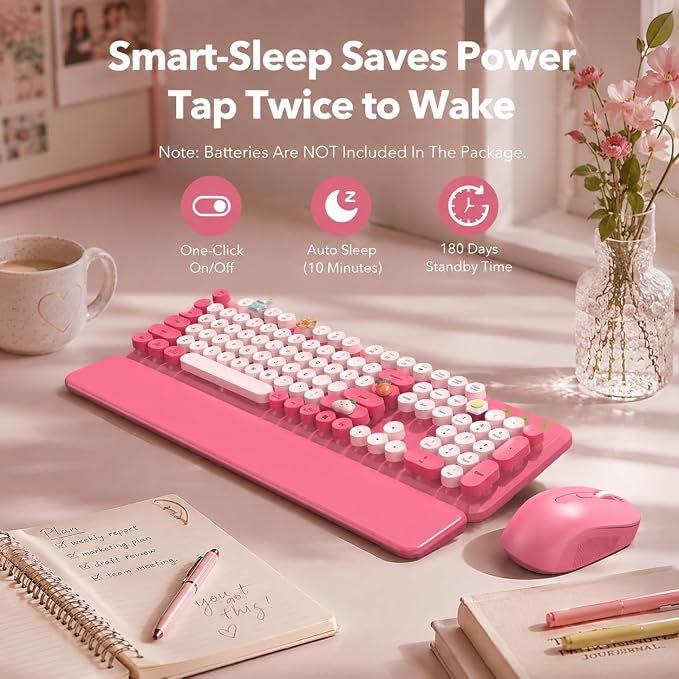Wireless Keyboard and Mouse Combo, Round Keycaps, Magnetic Wrist Rest, Pink - Image 5