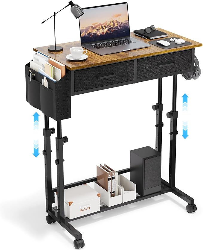 Small Rolling Standing Desk, Height Adjustable Mobile Sturdy Desk with 2 Fabric Drawers & Storage Shelf, Portable Sofa Side Laptop Table for Home Office, Small Spaces, 31.41"" x 15.74"", Rustic Brown by Bliesosfud