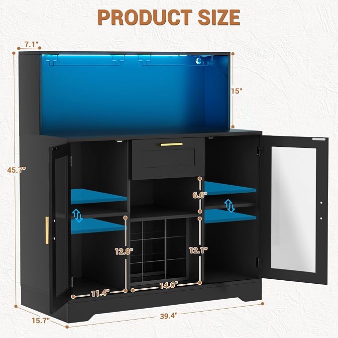 Unikito Coffee Bar Cabinet with LED Light and Storage Hutch, Black - Image 2