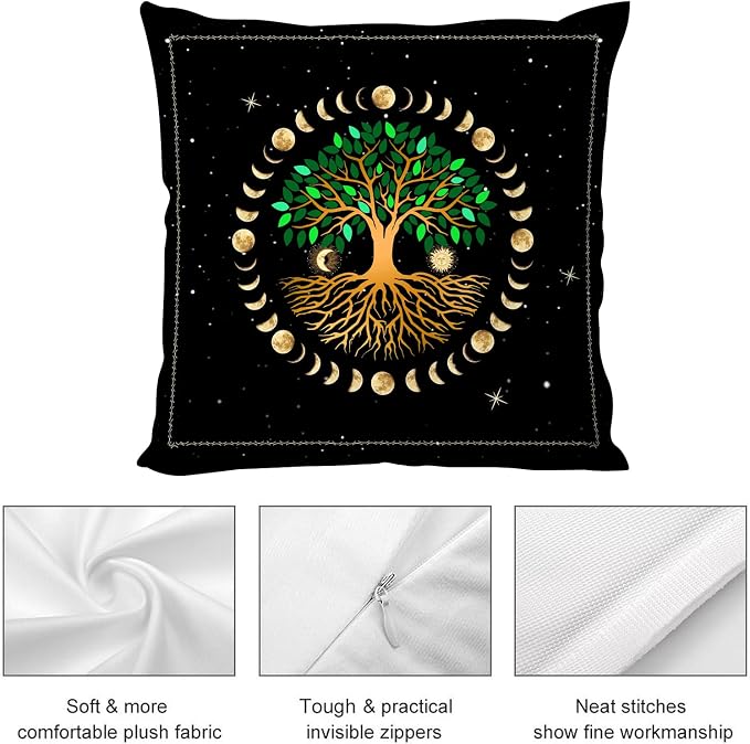 Ancient Tree Life Decorative Throw Pillow Covers Aesthetic Set of 2, Moon Luna Hippie Decor Ourdoor Pillow Cases for Couch Sofa Living Room Bed Chair Decor 18"x18" - Image 6